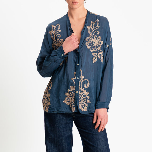 Tensione in-Camicia mussola misto seta con ricami - blu/biscotto