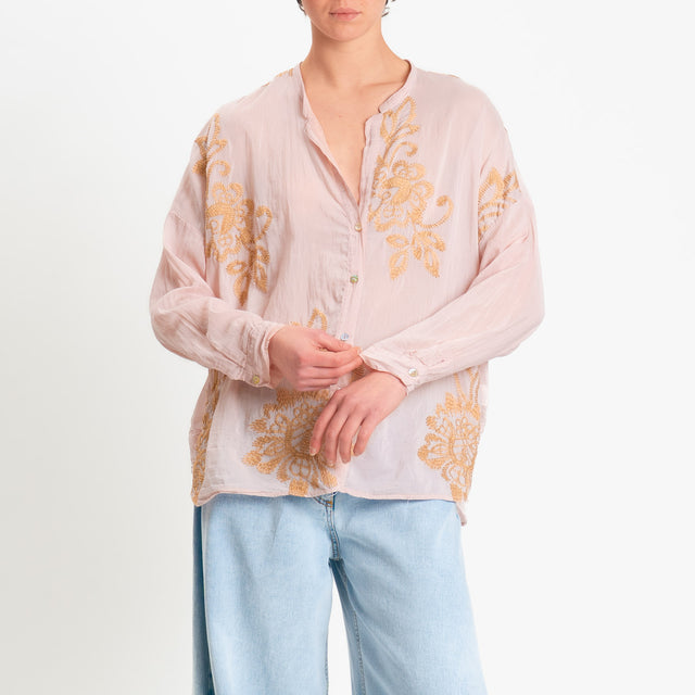 Tensione in-Camicia mussola misto seta con ricami - cipria/biscotto