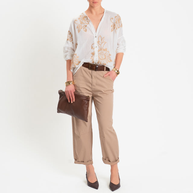 Tensione in-Camicia mussola misto seta con ricami - bianco/biscotto