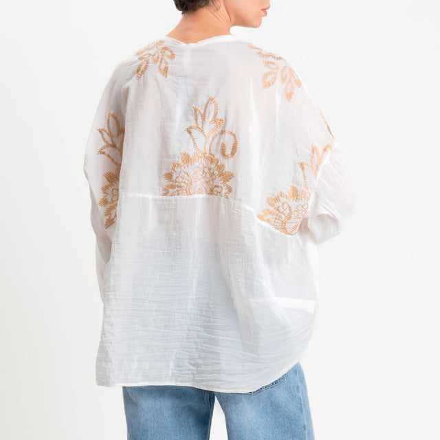 Tensione in-Camicia mussola misto seta con ricami - bianco/biscotto