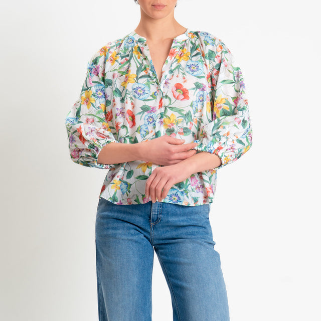 Tensione in-Camicia mussola fantasia floreale - latte/verde/rosso