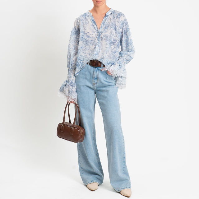Tensione in-Camicia mussola fantasia floreale con pizzo - cielo/latte