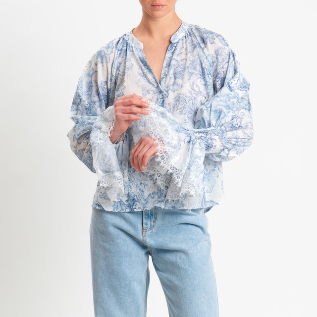 Tensione in-Camicia mussola fantasia floreale con pizzo - cielo/latte
