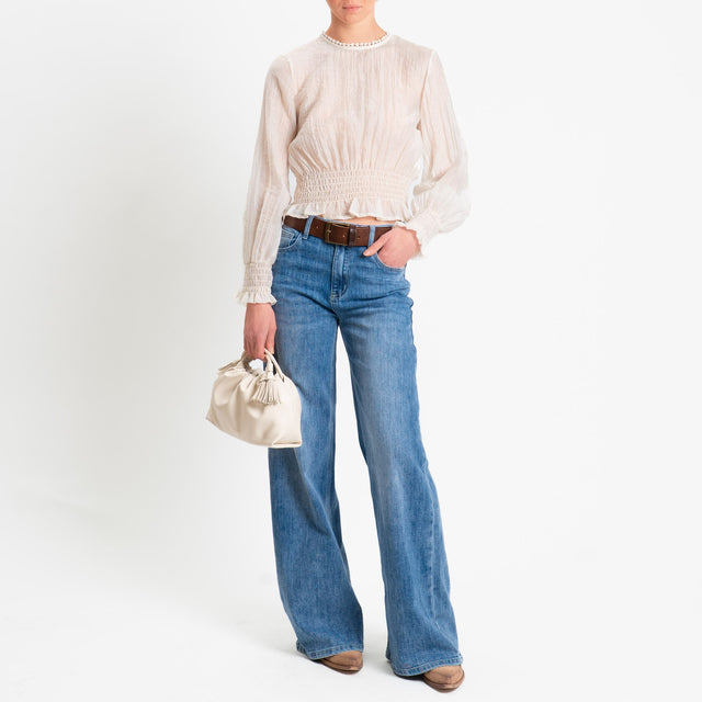 Tensione in-Blusa mussola goffrata elastico in vita - panna