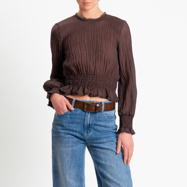 Tensione in-Blusa mussola goffrata elastico in vita - moro