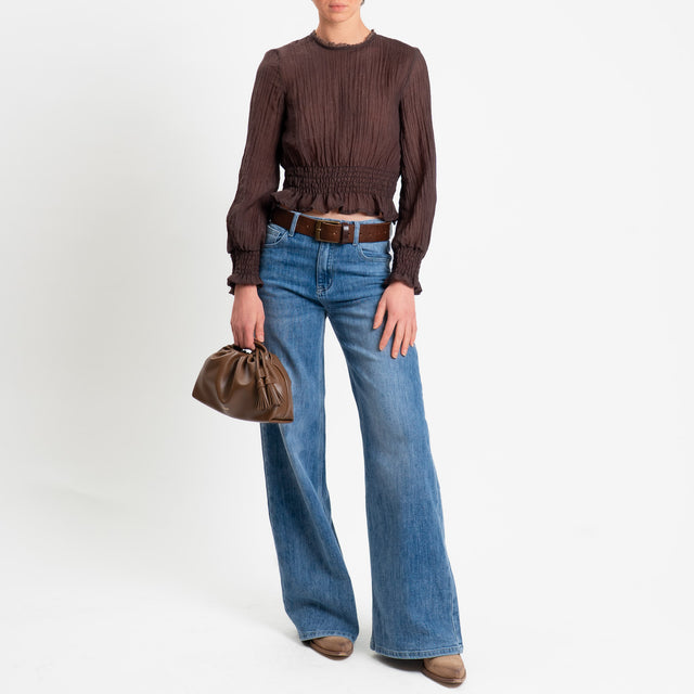 Tensione in-Blusa mussola goffrata elastico in vita - moro