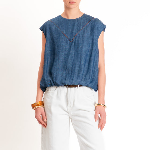 Tensione in-Blusa smanicata chambray tencel/lino - denim