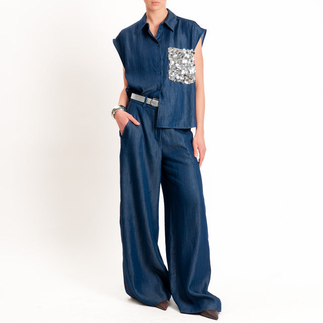 Tensione in-Camicia smanicata chambray tasca paillettes - denim blu