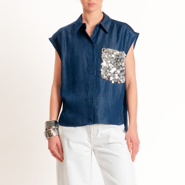 Tensione in-Camicia smanicata chambray tasca paillettes - denim blu