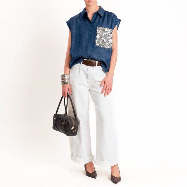 Tensione in-Camicia smanicata chambray tasca paillettes - denim blu