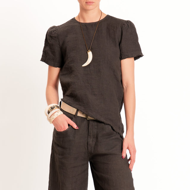 Tensione in-Blusa 100% lino asimmetrica taglio vivo - cocco