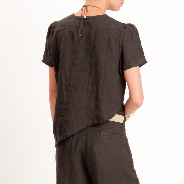 Tensione in-Blusa 100% lino asimmetrica taglio vivo - cocco