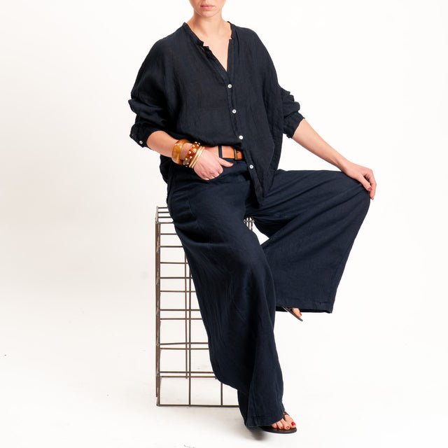 Tensione in-Camicia 100% lino collo coreana - blu