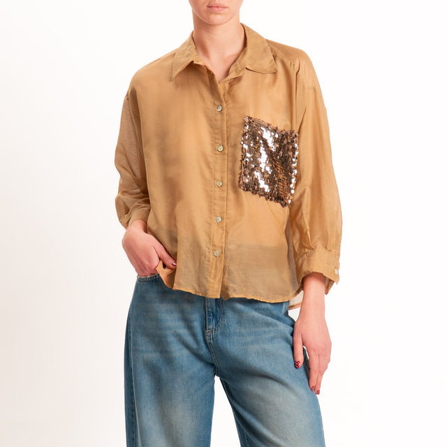 Tensione in-Camicia misto seta taschino paillettes - tabacco/bronzo