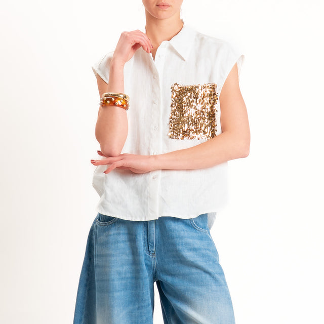 Tensione in-Camicia 100% lino smanicata tasca pailettes - bianco/oro