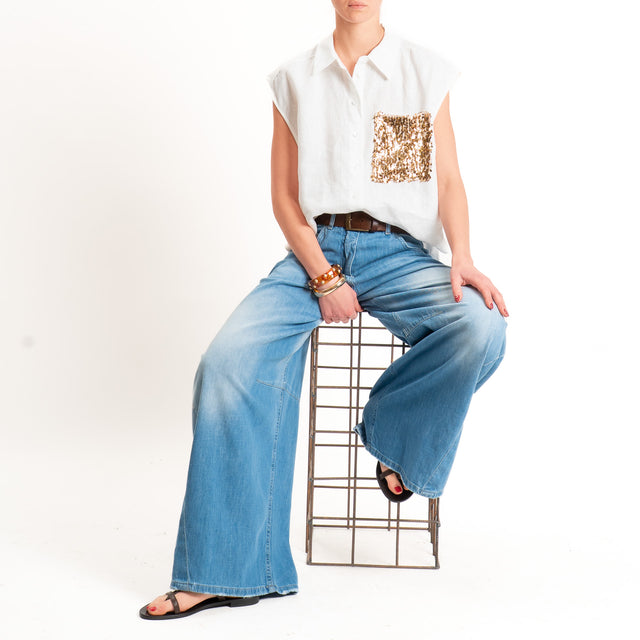Tensione in-Camicia 100% lino smanicata tasca pailettes - bianco/oro