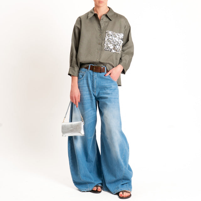Tensione in-Camicia 100% lino tasca paillettes - militare