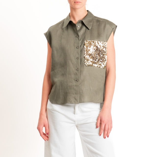 Tensione in-Camicia 100% lino smanicata tasca pailettes - militare/oro