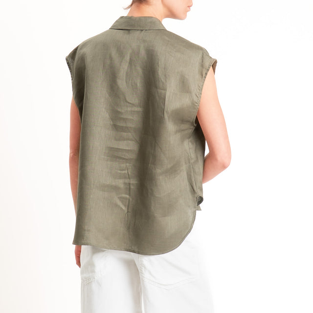 Tensione in-Camicia 100% lino smanicata tasca pailettes - militare/oro