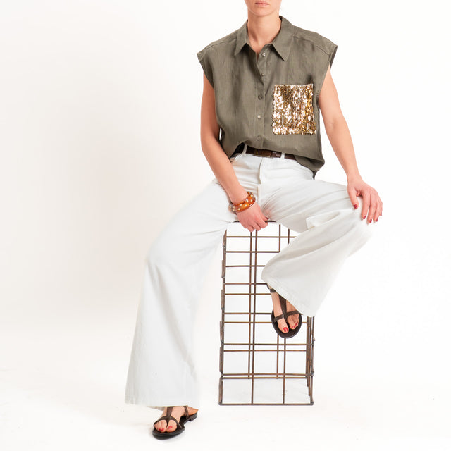 Tensione in-Camicia 100% lino smanicata tasca pailettes - militare/oro