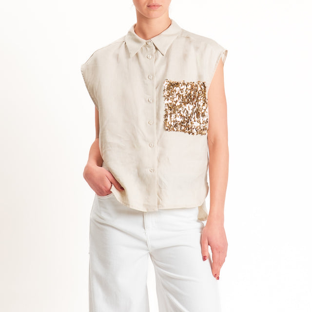 Tensione in-Camicia 100% lino smanicata tasca pailettes - sabbia/oro