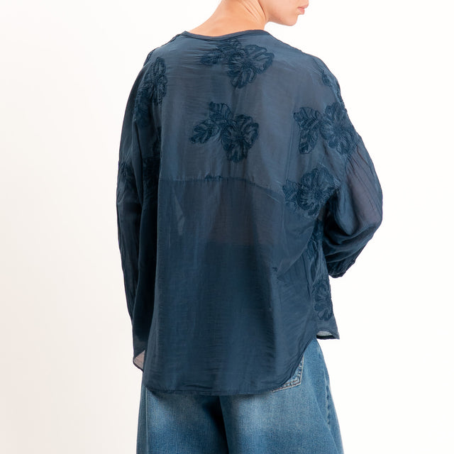Tensione in-Camicia mussola con ricami - Blu