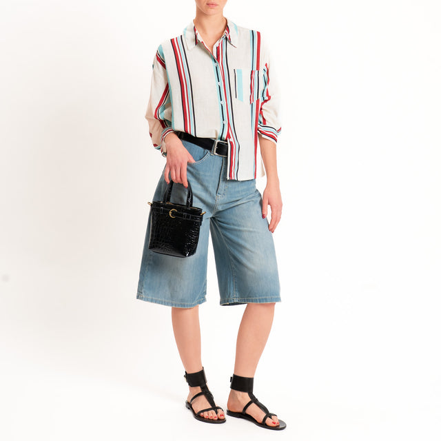 Tensione in-Camicia a righe misto lino - burro/nero/rosso