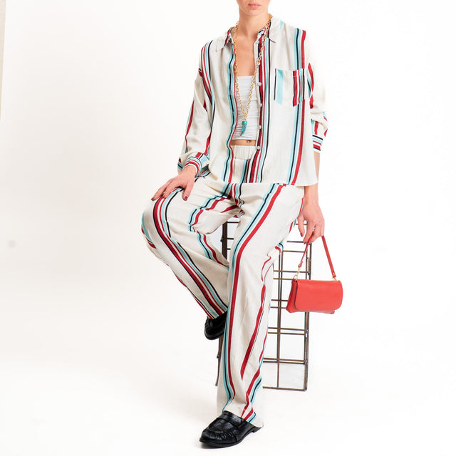 Tensione in-Camicia a righe misto lino - burro/nero/rosso