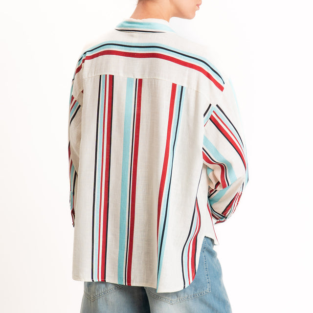 Tensione in-Camicia a righe misto lino - burro/nero/rosso