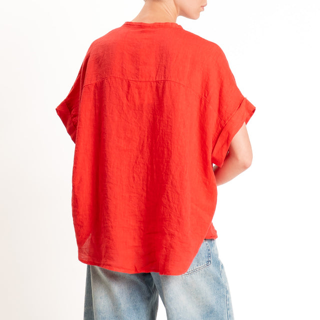 Tensione in-Camicia 100% lino collo coreana - Rosso