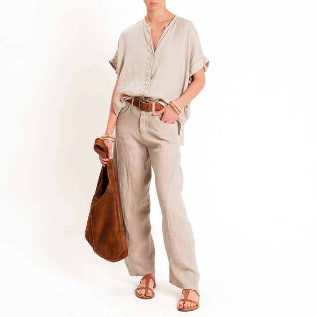 Tensione in-Camicia 100% lino collo coreana - sabbia