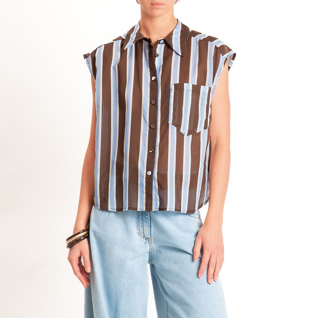 Tensione in-Camicia mussola a righe smanicata - moro/celeste