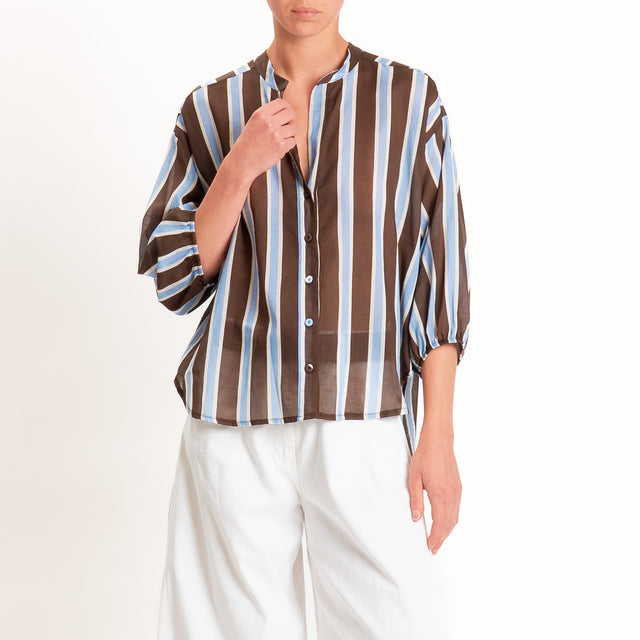 Tensione in-Camicia mussola collo coreana a righe - moro/celeste