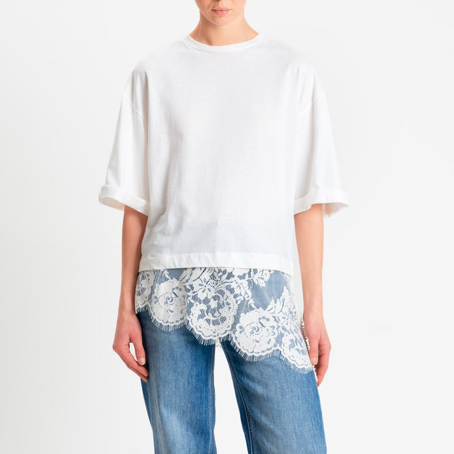 Tensione in-T-shirt doppio tessuto con pizzo - bianco/burro