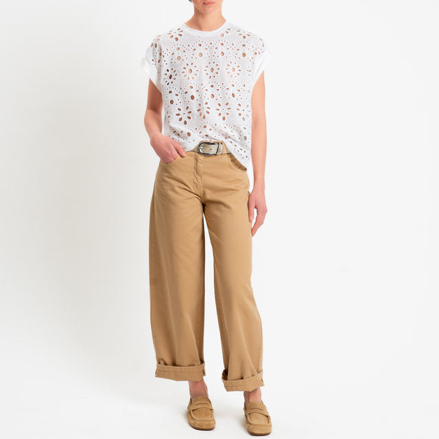 Tensione in-T-shirt smanicata doppio tessuto traforato - bianco