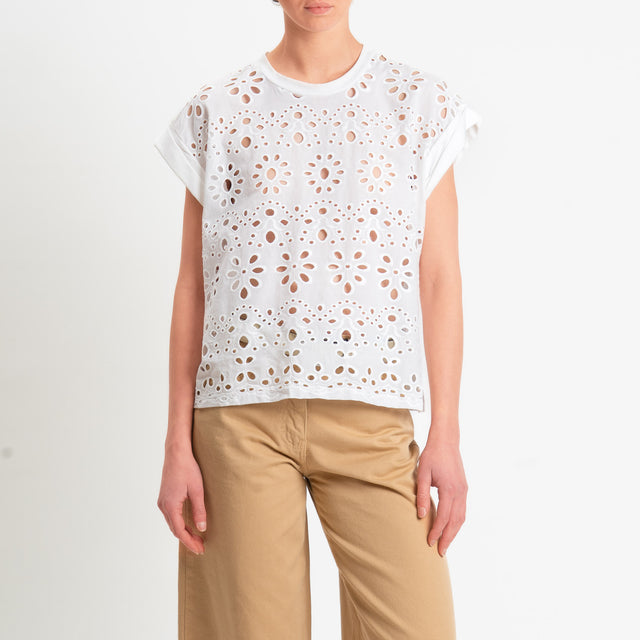 Tensione in-T-shirt smanicata doppio tessuto traforato - bianco