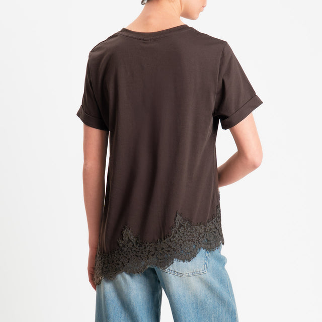 Tensione in-T-shirt asimmetrica con pizzo - moro