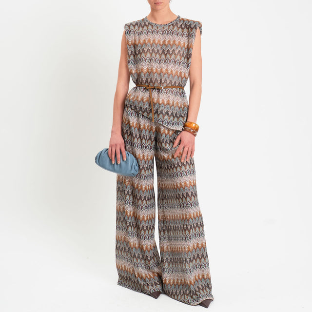 Tensione in-Pantalone fantasia jacquard in maglina - moro/cuoio/acqua