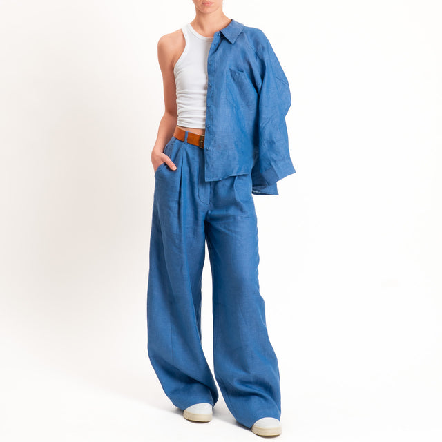 Tensione in-Pantalone wide leg 100% lino - indaco