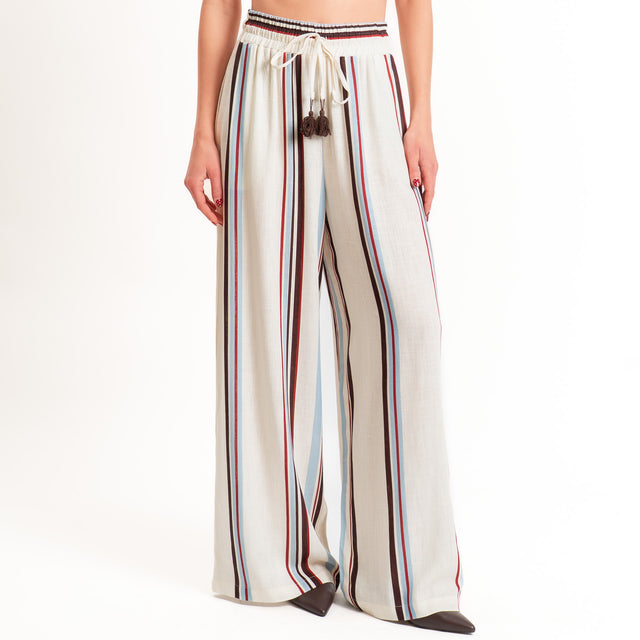 Tensione in-Pantalone a righe misto lino con nappine - burro/moro/nuvola