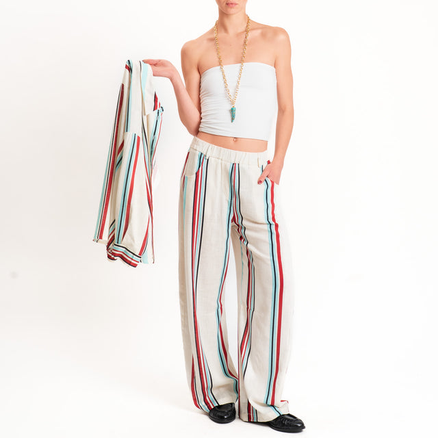 Tensione in-Pantalone a righe misto lino - burro/nero/rosso
