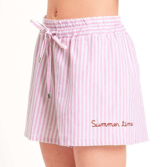 Tensione in-Shorts righe misto lino con coulisse - rosa/bianco