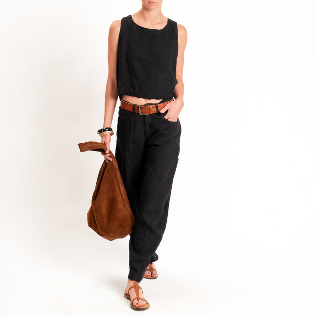 Tensione in-Pantalone barrel 100% lino - Nero