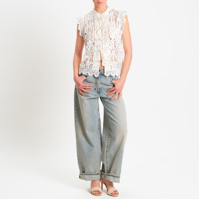 Tensione in-Camicia mandarin smanicata pizzo macramè - burro