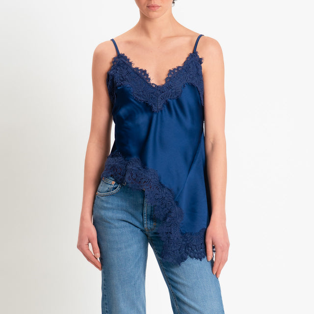 Tensione in-Top satin asimmetrico con pizzo - blu