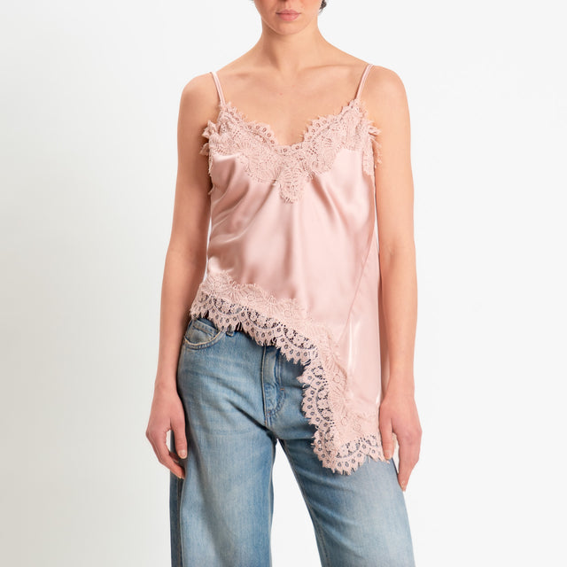 Tensione in-Top satin asimmetrico con pizzo - rosa