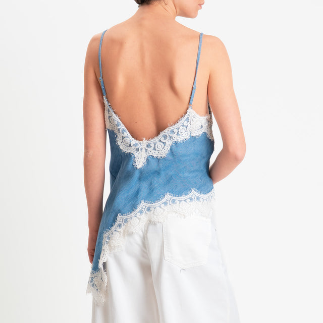 Tensione in-Top chambray asimmetrico con pizzo - denim