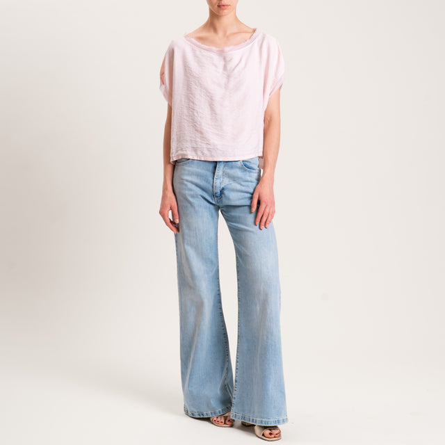 Tensione in-Blusa viscosa goffrata scatola bordi sfrangiati - rosa