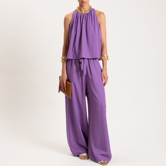 Tensione in-Pantalone misto lino elastico in vita - viola