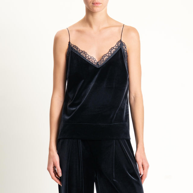 Tensione in-Top velluto ciniglia con pizzo - nero